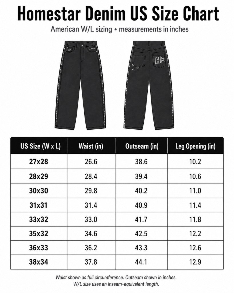 Homestar denim US size chart with waist, outseam, and leg opening measurements in inches